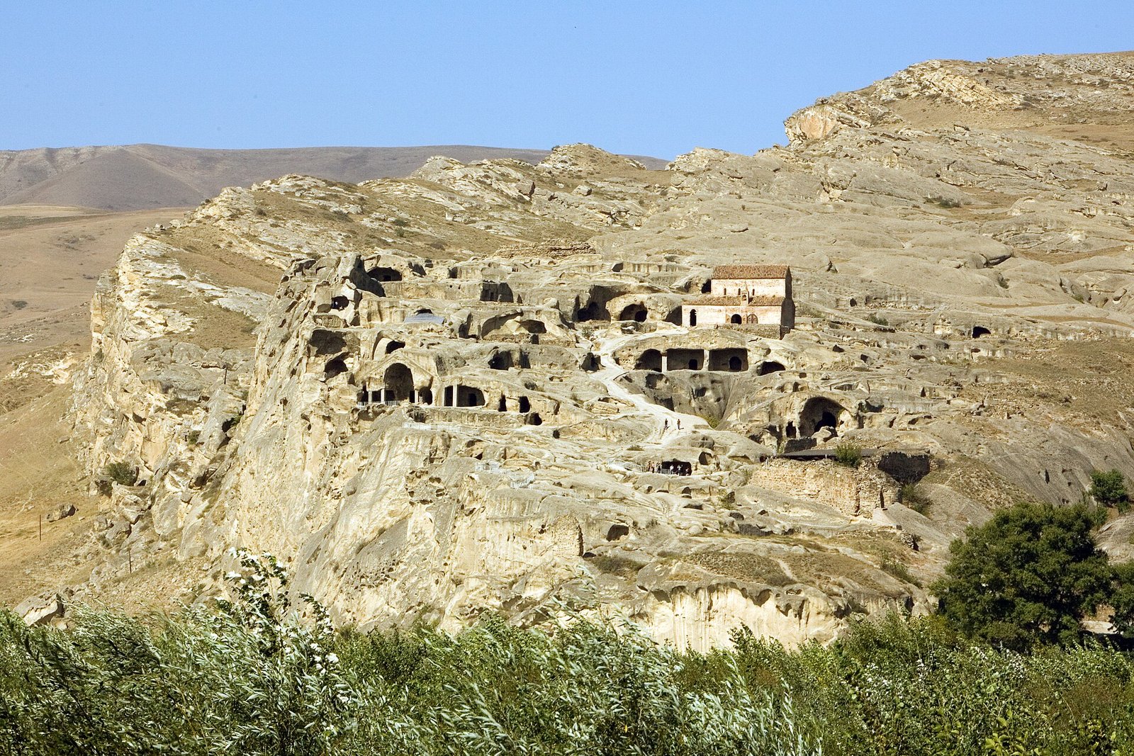 The rock-cut town of Uplistsikhe, with cave openings and terraces in a pale sandstone ridge above green bushes
