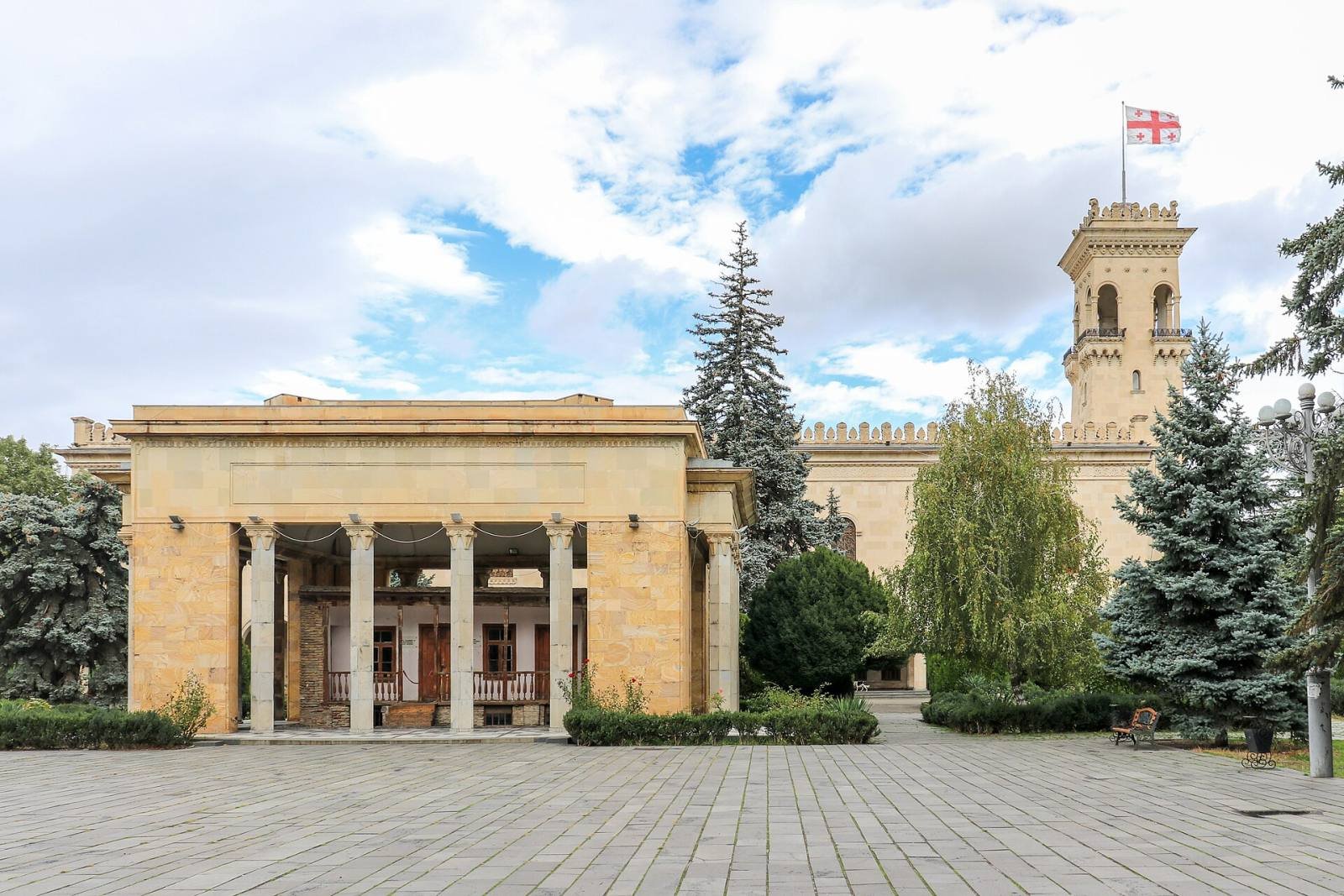 The colonnaded pavilion over Stalin’s birth house, with the tower of the Stalin Museum behind