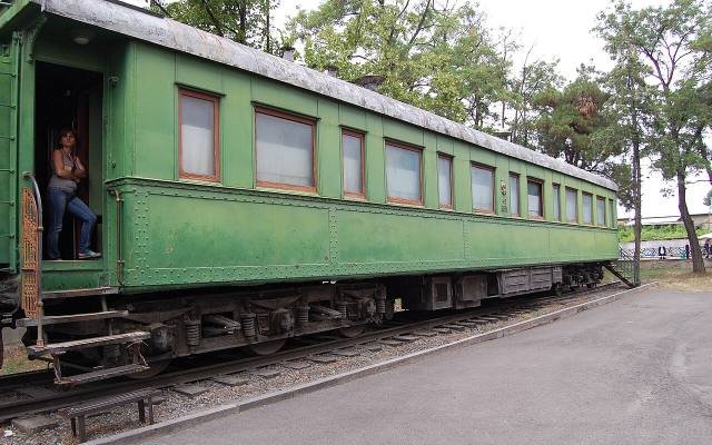 Stalin’s green armoured railway carriage parked beside the museum in Gori