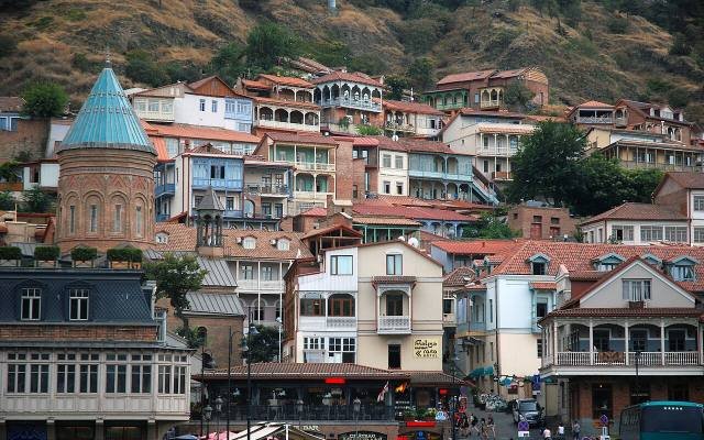 Old Tbilisi with balconied houses below the walls of Narikala Fortress